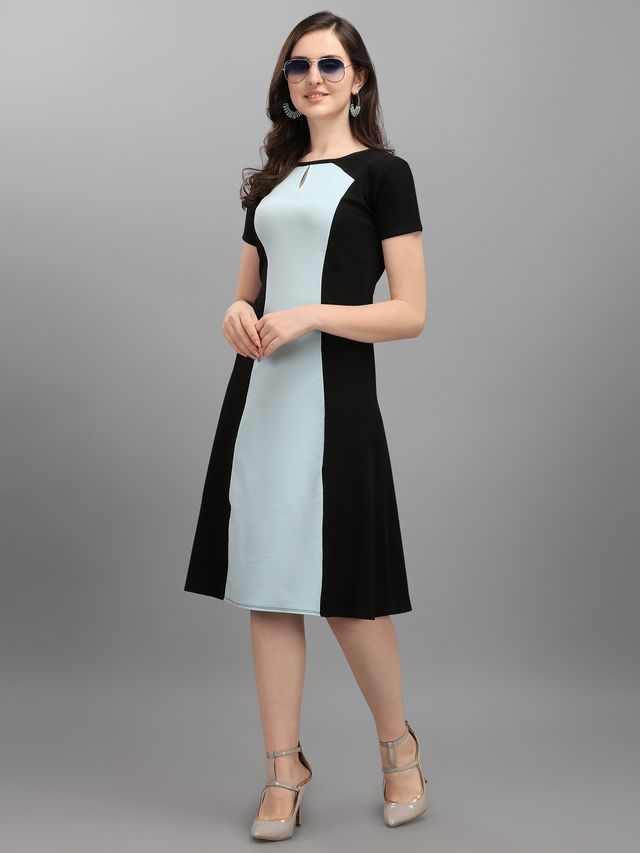 Women Sky Blue & Black A Line dress