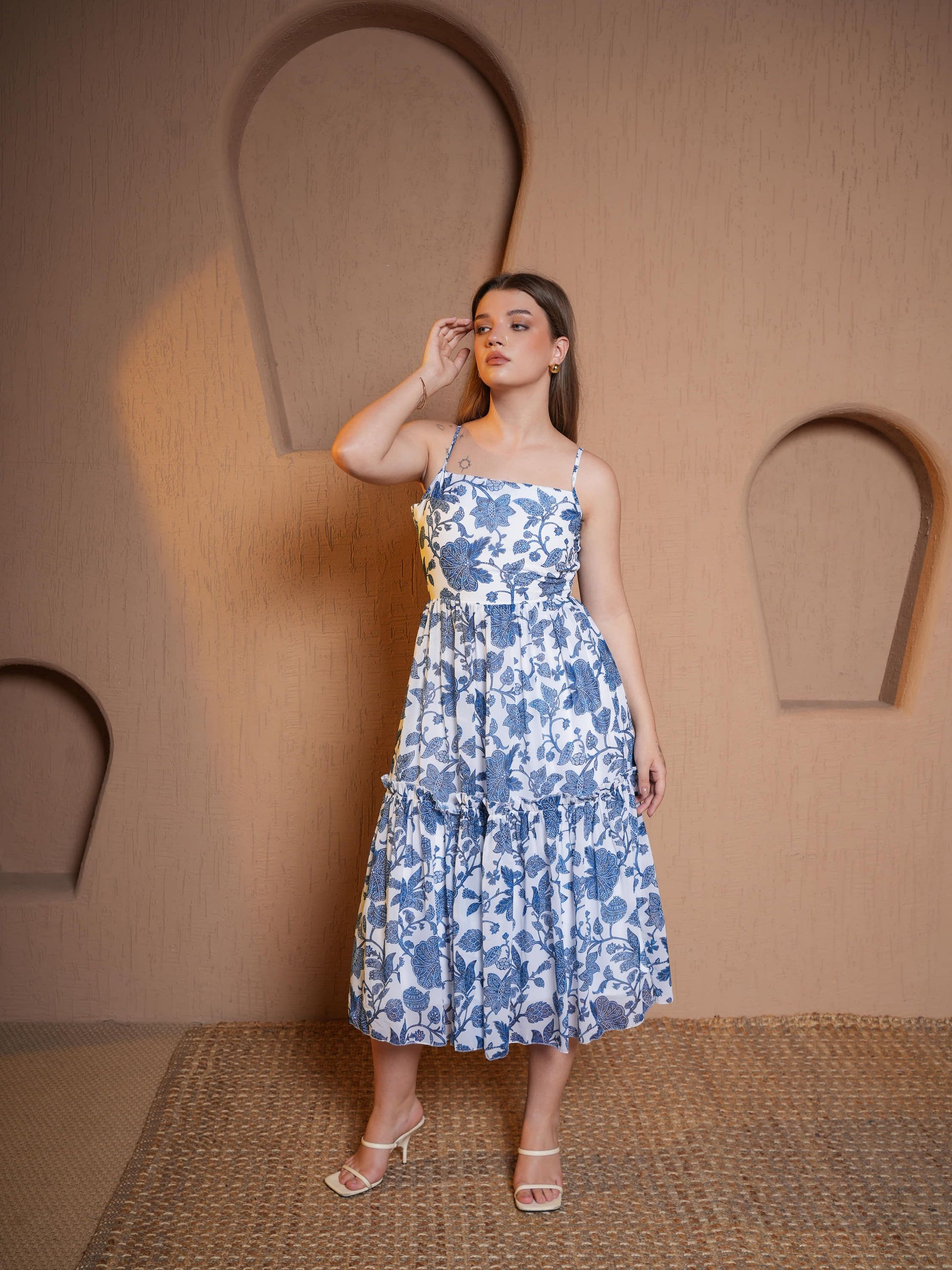 Women Blue Fit & Flare Below knee Georgette Dress Purvaja Women Blue Fit & Flare Below knee Georgette Dress Purvaja
