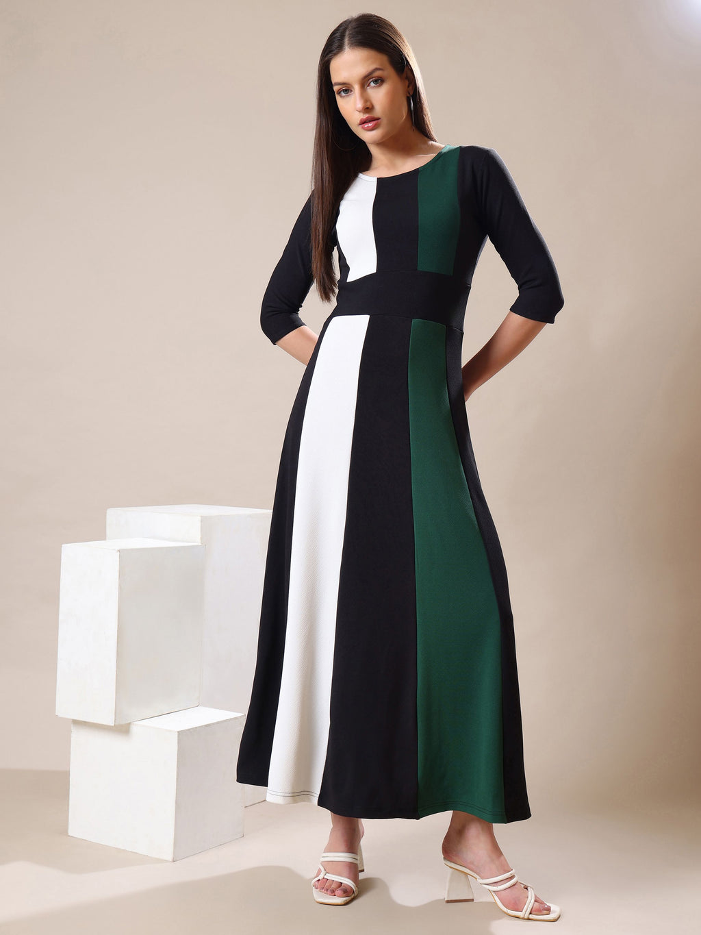 Women's Ankle Length Round Neck Green Dress