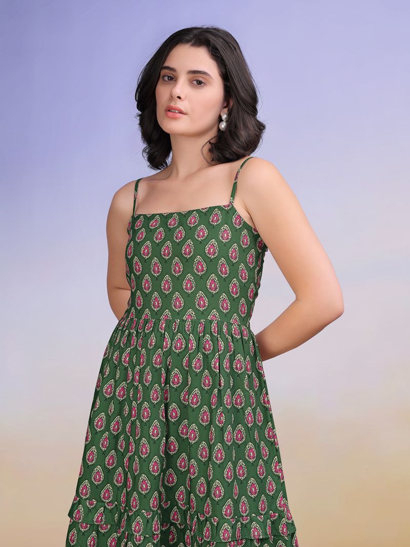 Women's Printed Flare Maxi Green Dress