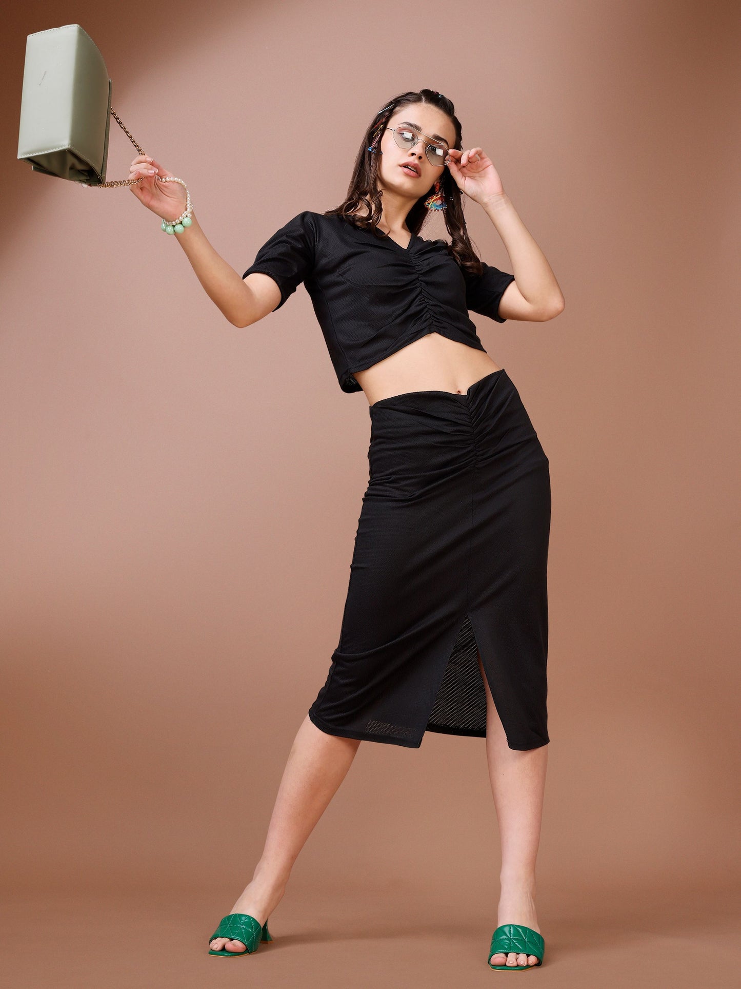 Women Black V-Neck Top & Skirt Co-ords