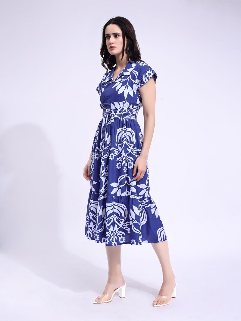 Women's Blue Fit & Flared Midi Cap Sleeve Dress