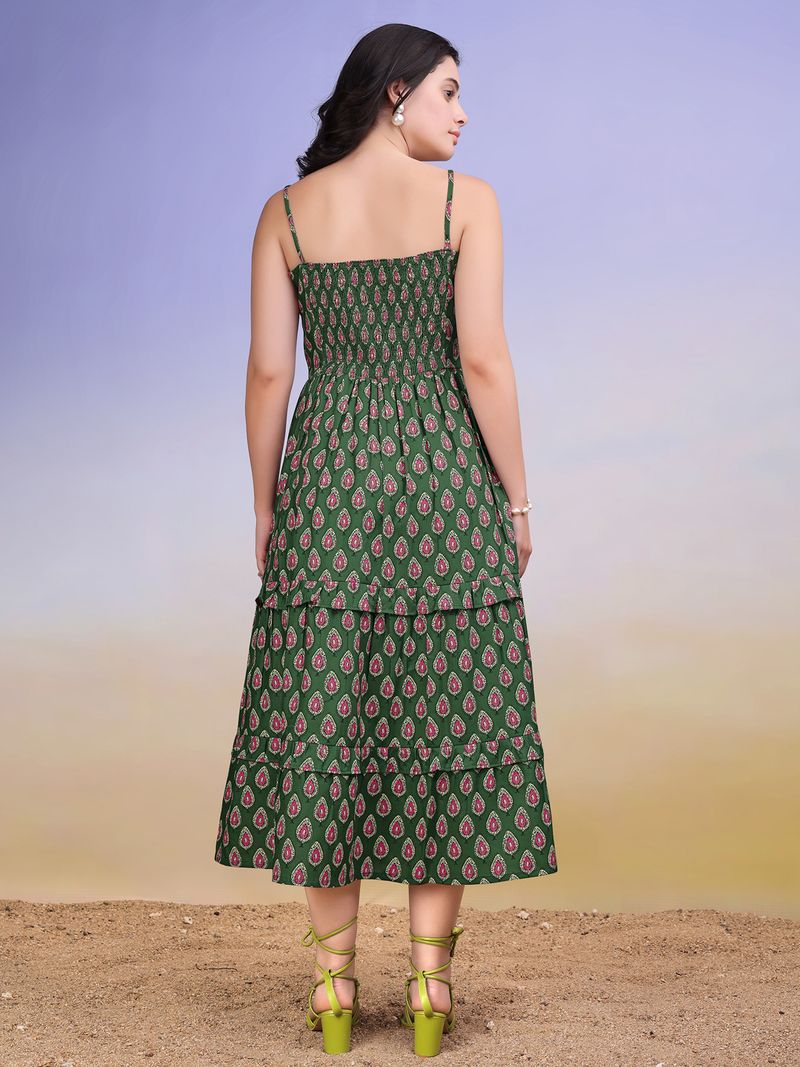 Women's Printed Flare Maxi Green Dress