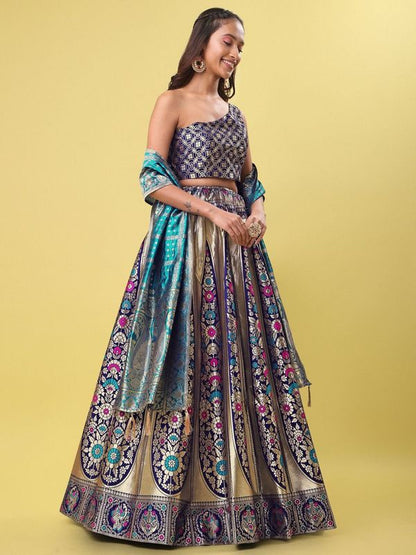 Women Blue Floral Print Lehenga