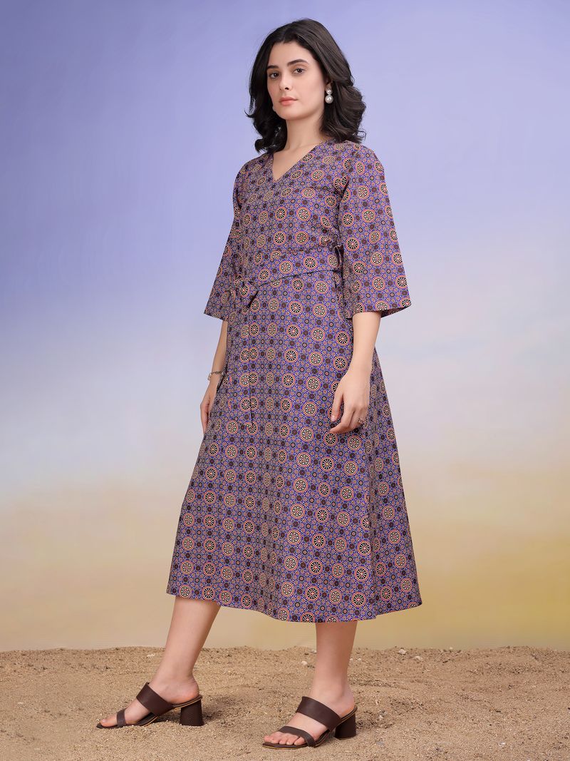 Women's Elegant Wrap Midi Bell Sleeves & Tie-Up Waist Blue Dress