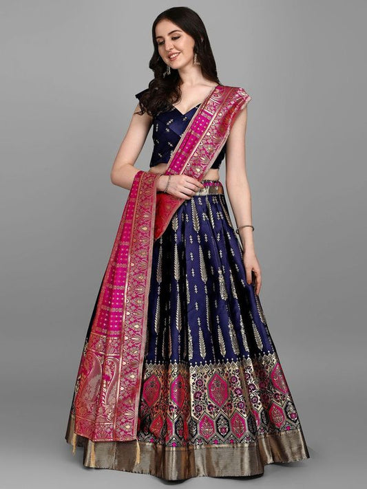 Women Jacquard Dark Blue Semi-Stitched Lehenga Choli