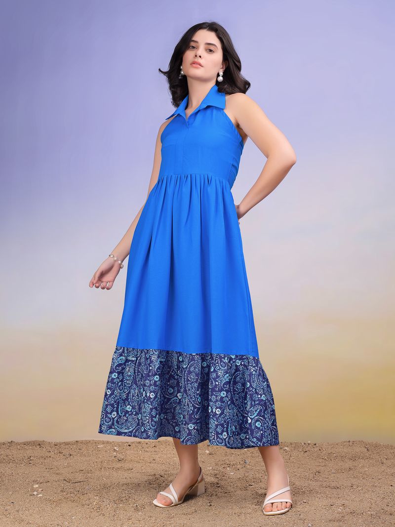 Women's Blue Fit & Flared Sleeveless Cotton Blend Dress