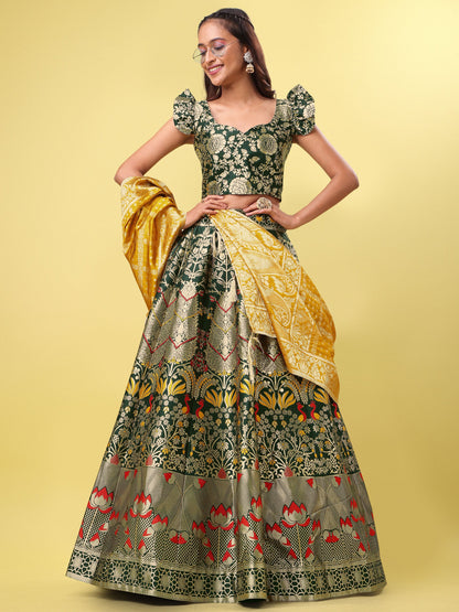 Women Green Jacquard Lehenga