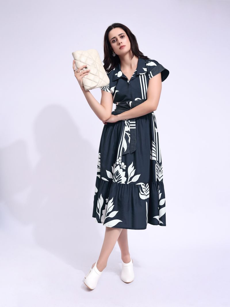 Women's Navy Blue Fit & Flared Midi Cap Sleeve Dress