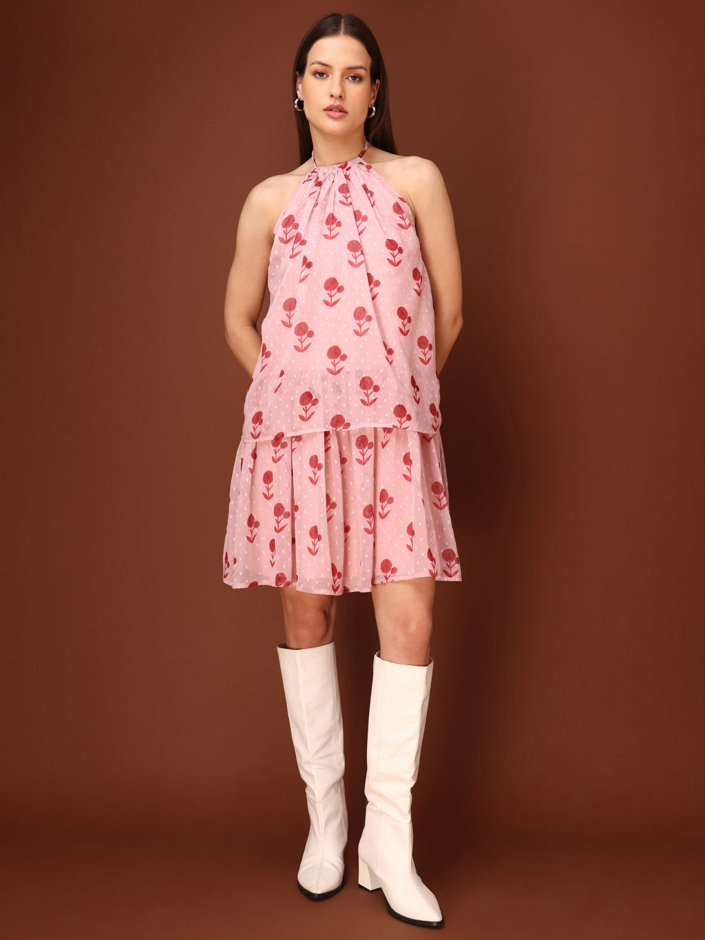 Women Hlater Neck Sleeveless Peach Dress