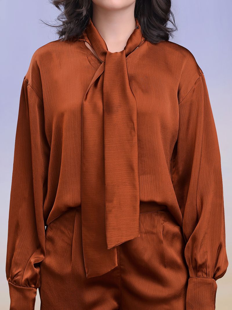 Women's Brown Solid Silk Blend Tie-Up Stylized Co-Ords