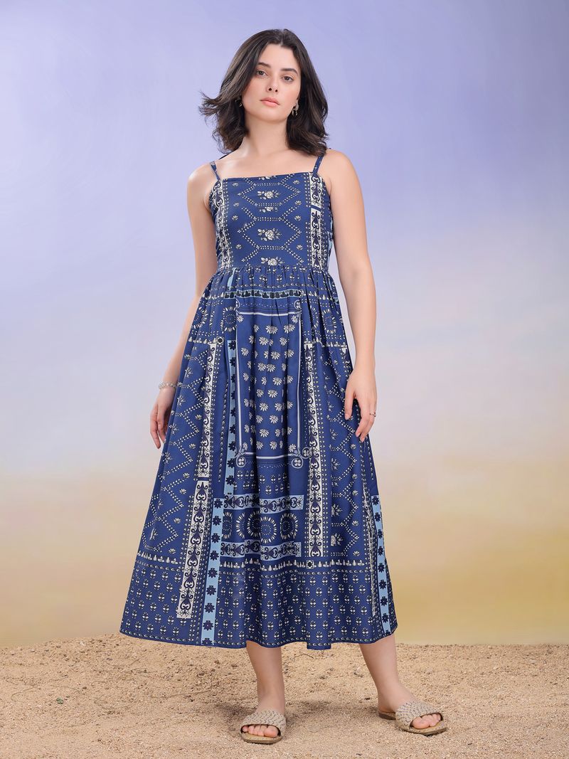 Women's Printed Fit and Flare Square Sleeveless Blue Dress
