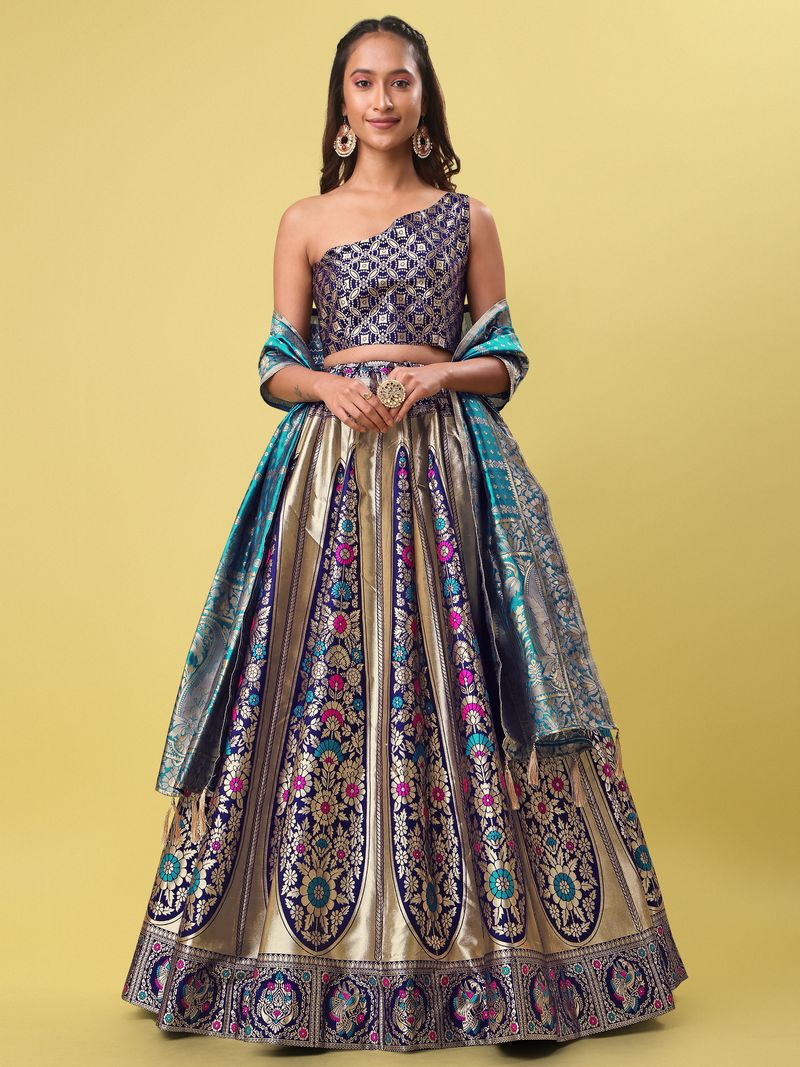 Women Blue Floral Print Lehenga