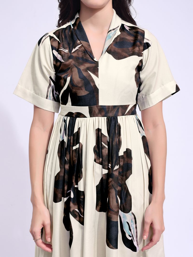 Women's Beige Fit & Flared Midi Stylish Sleeve Dress