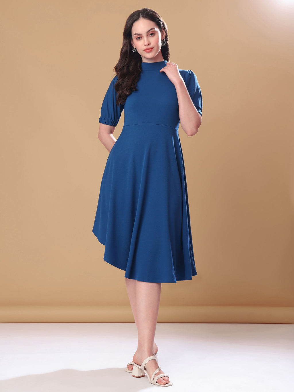 Women's Knee Length Flared Teal Dress