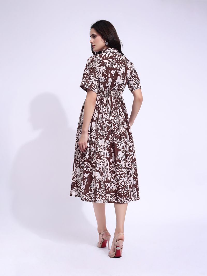 Women's Brown Fit & Flared Midi Stylish Sleeve Dress