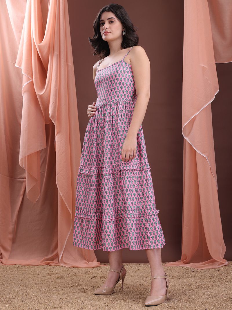 Women's Printed Flare Maxi Pink Dress