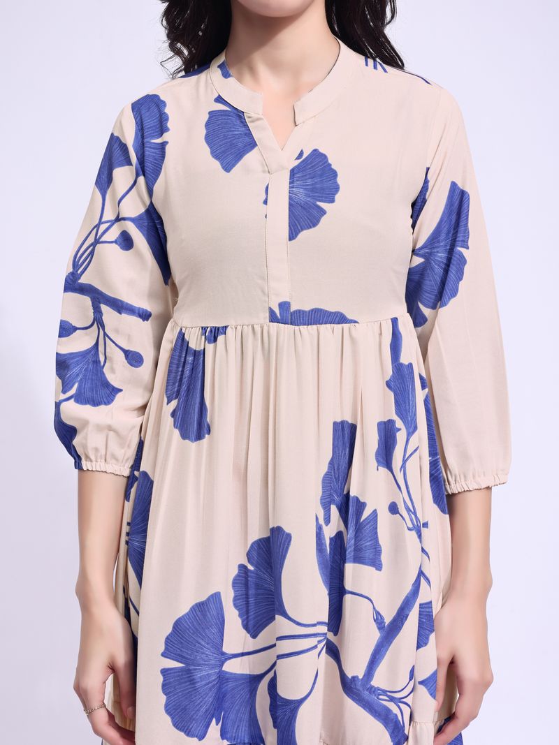 Women's Off White Fit & Flared Midi Puff Sleeve Dress