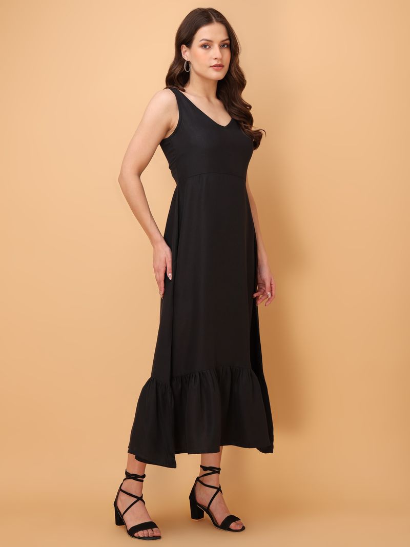 Women's V-Neck Midi A-Line Sleeveless Black Dress