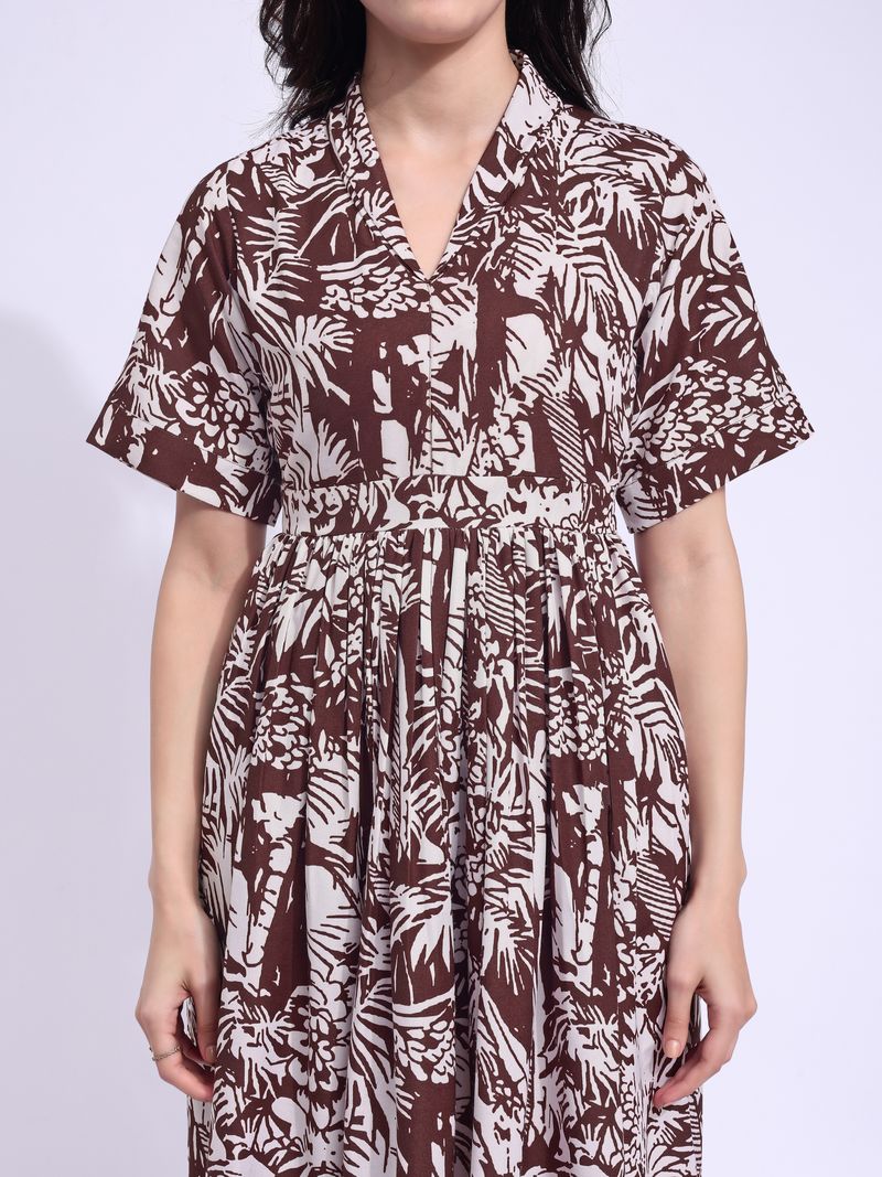 Women's Brown Fit & Flared Midi Stylish Sleeve Dress