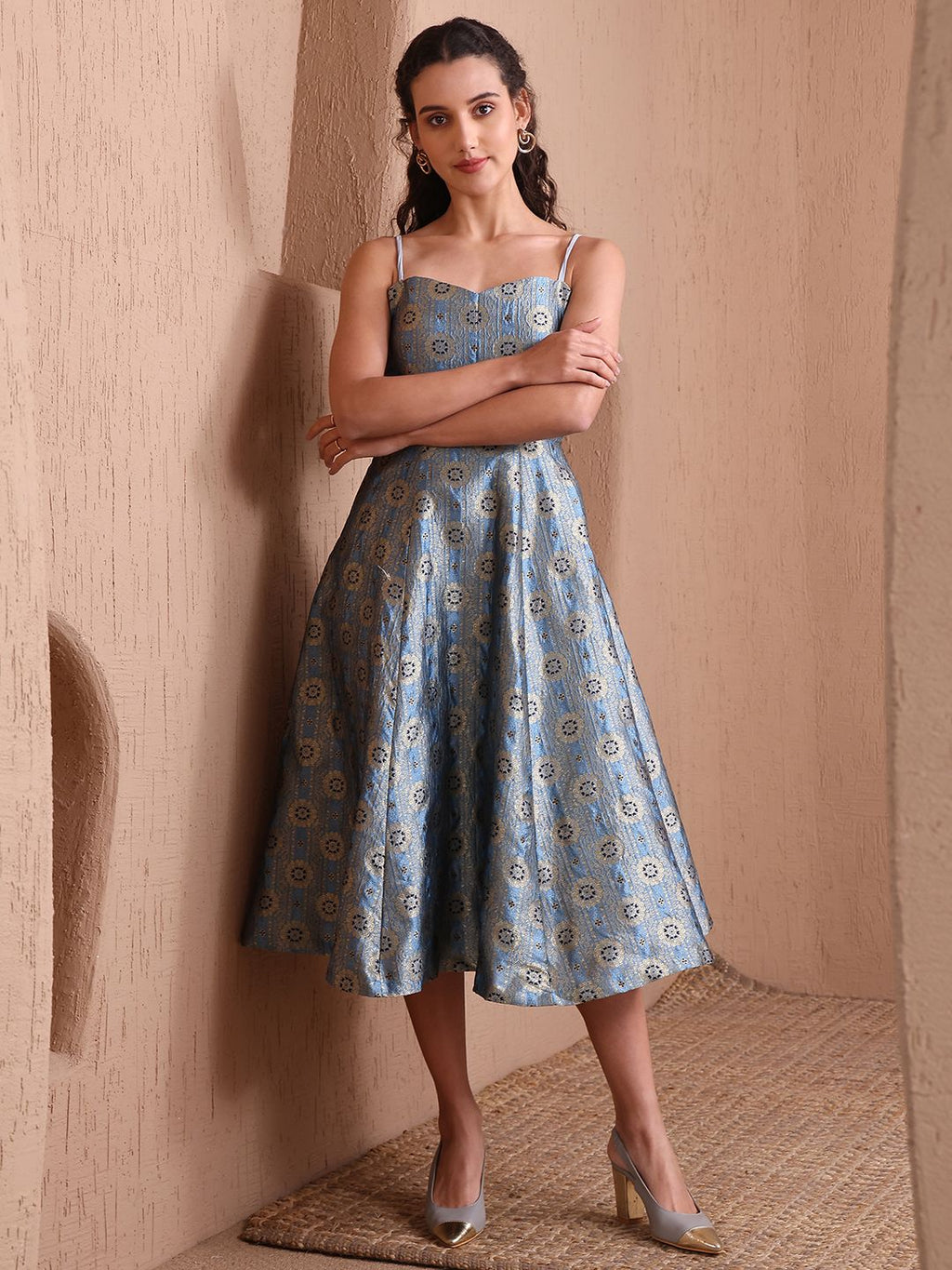 Obshivka Printed Fit and Flare Sky Blue Dress