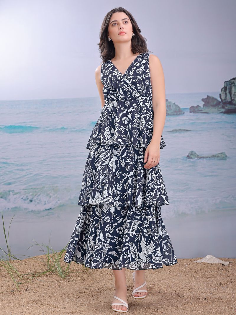 Women's Blue Fit & Flared Maxi Sleeveless Dress