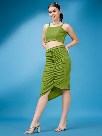 Women Olive Bodycon Ruched Co-ords