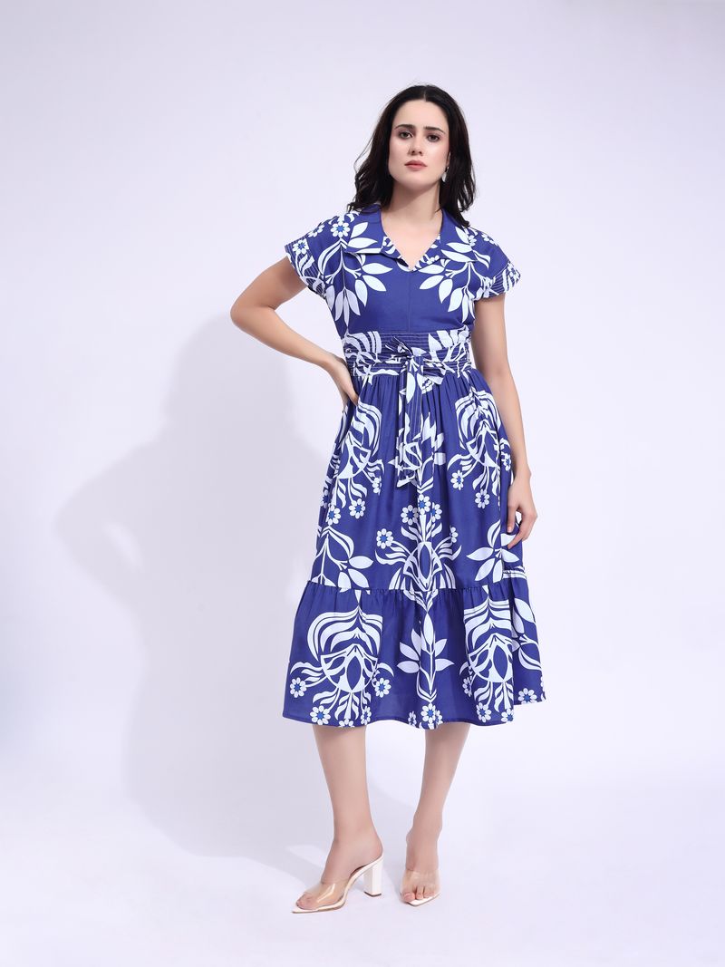Women's Blue Fit & Flared Midi Cap Sleeve Dress