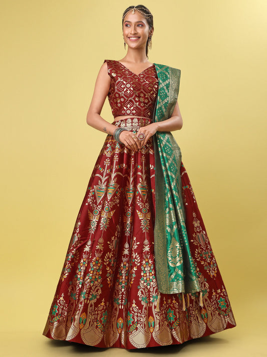 Women Maroon Floral Print Lehenga