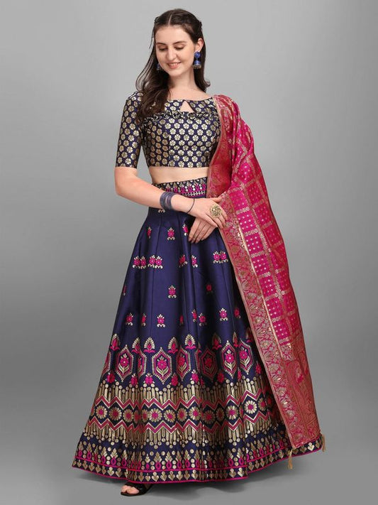 Embellished Floral Woven Navy Blue Lehenga Choli