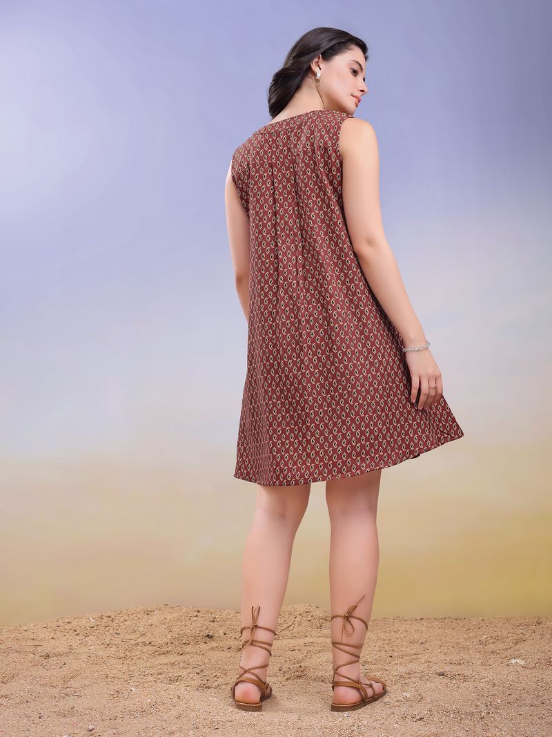 Women's Rust Printed A-Line Sleeveless Dress