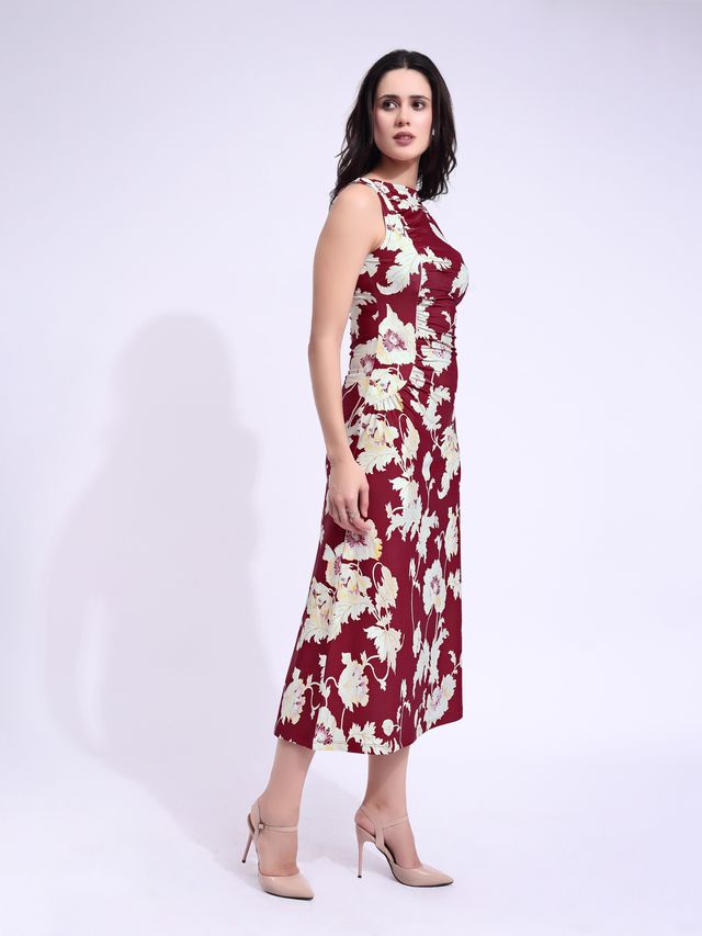Women's Maroon Printed Maxi  Sleeveless Dress