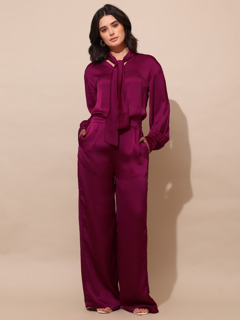 Women's Magenta Solid Silk Blend Tie-Up Stylized Co-Ords