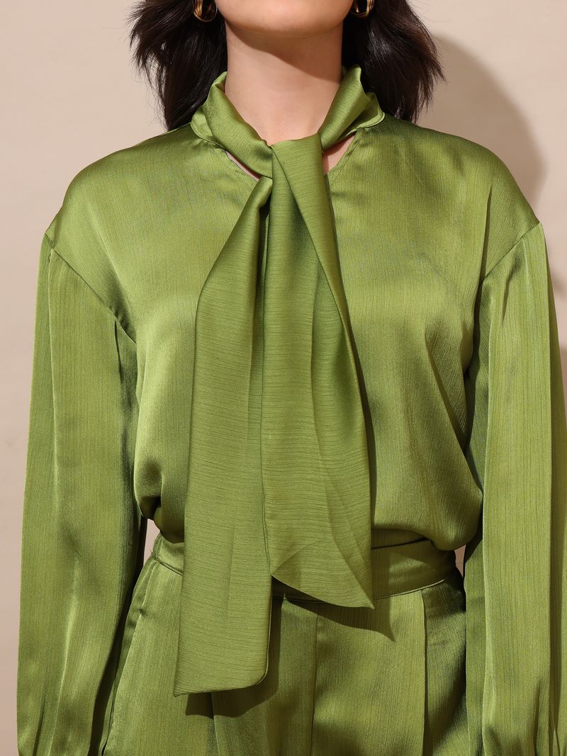 Women's Olive Solid Silk Blend Stylized Co-Ords