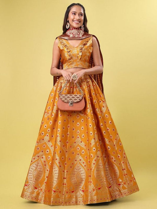 Women Yellow Printed Lehenga Choli