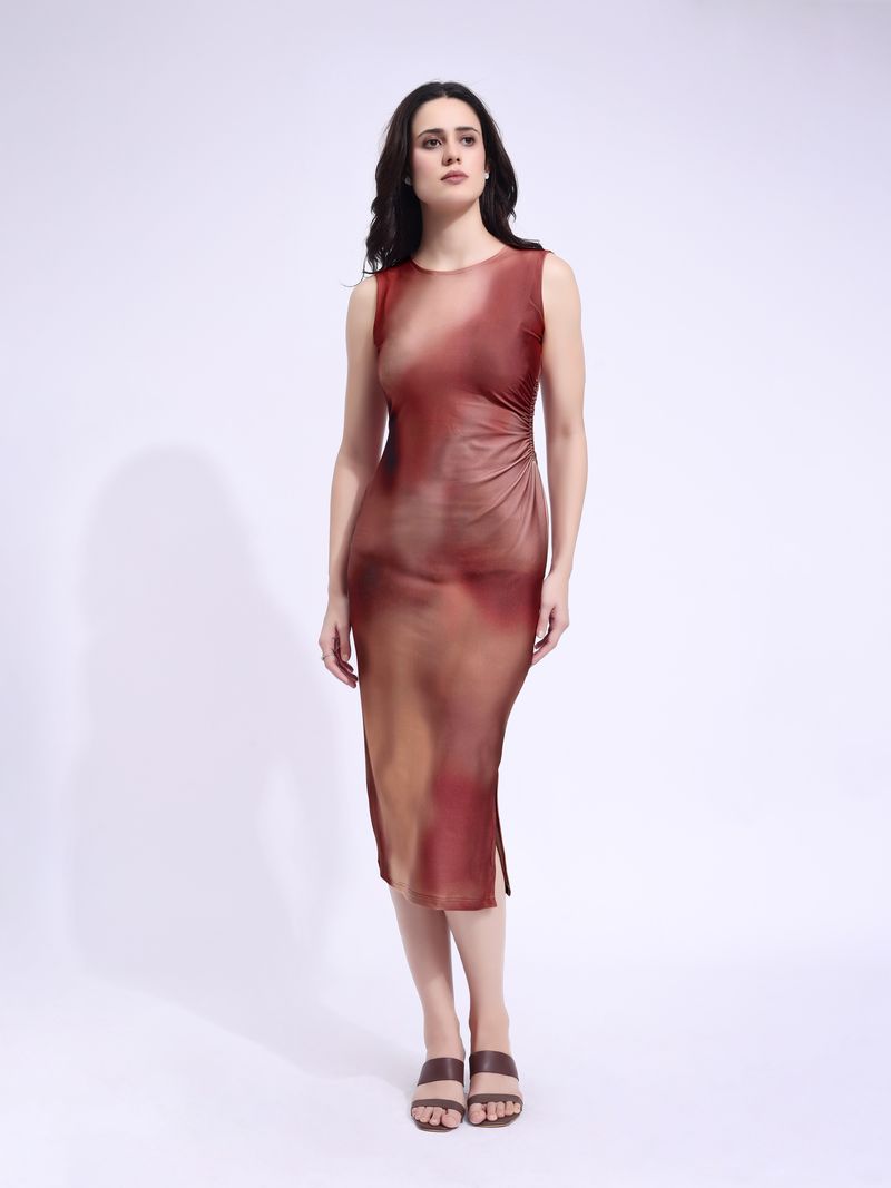 Women's Brown Bodycon Midi Sleeveless Dress