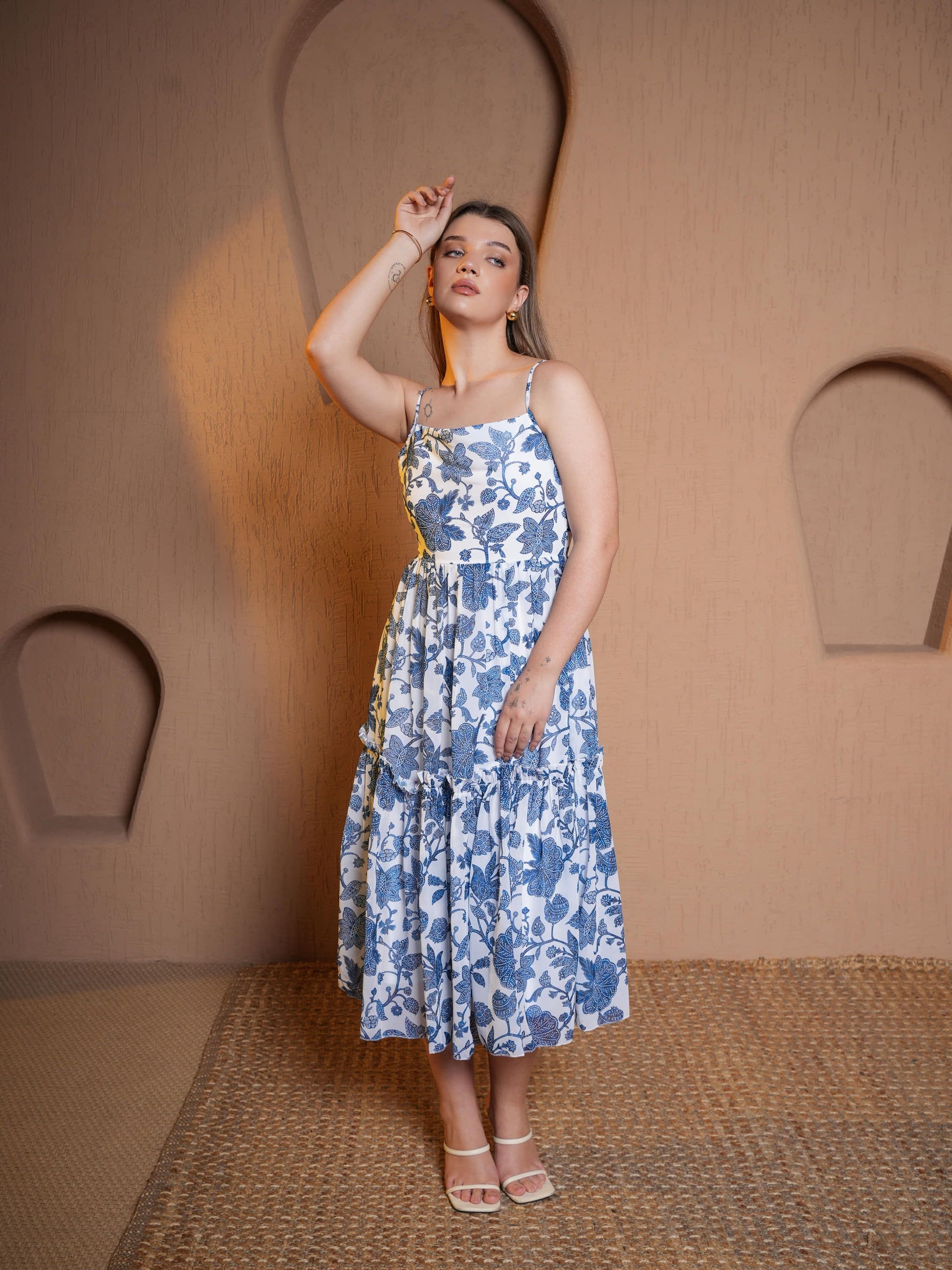 Women Blue Fit & Flare Below knee Georgette Dress Purvaja Women Blue Fit & Flare Below knee Georgette Dress Purvaja