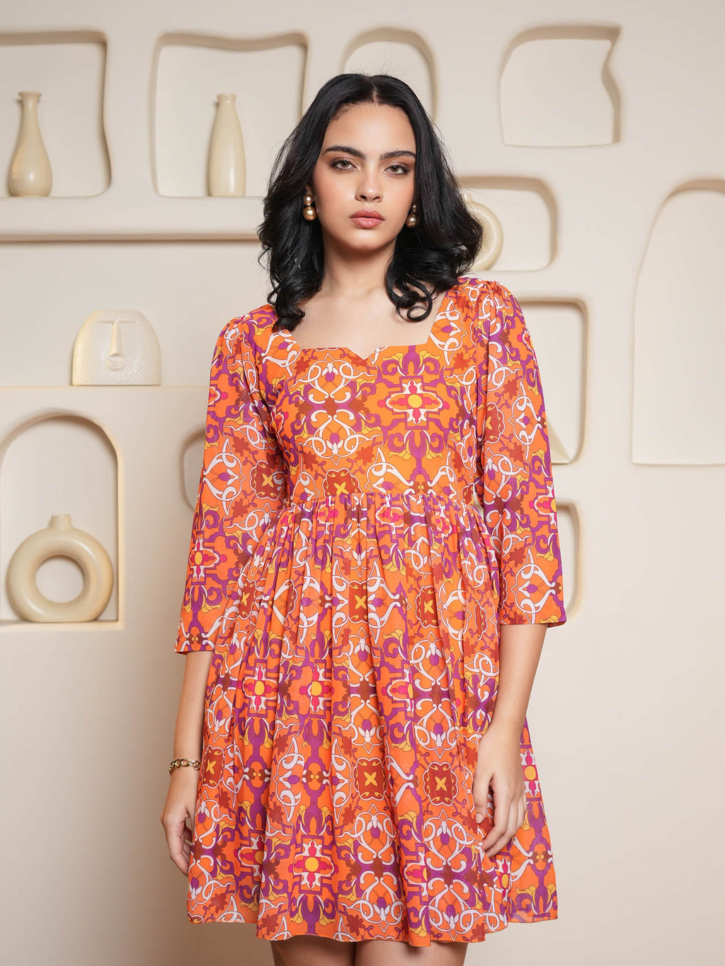 Women Orange Geometric Puff Sleeve Dress