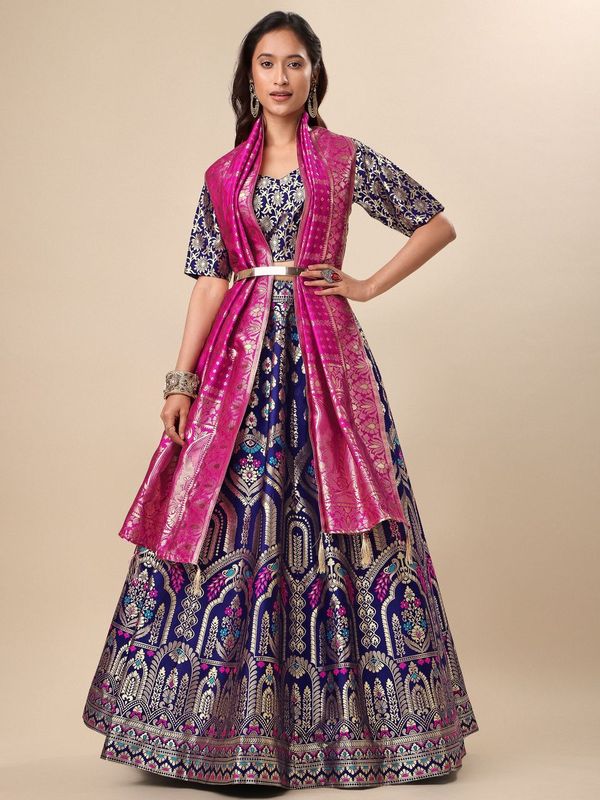 Women Navy Blue Embellished Print Lehenga