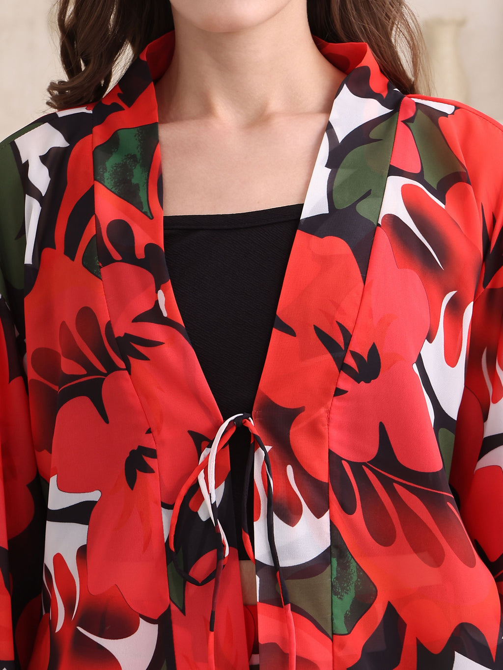 Women's Red Stylish V-Neck Full Sleeve Top & Shorts  Sets