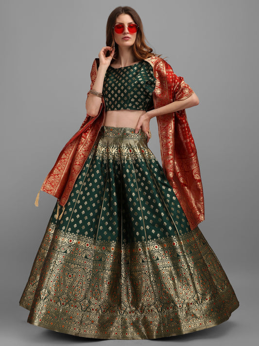 Women Green Self Design Print Lehenga