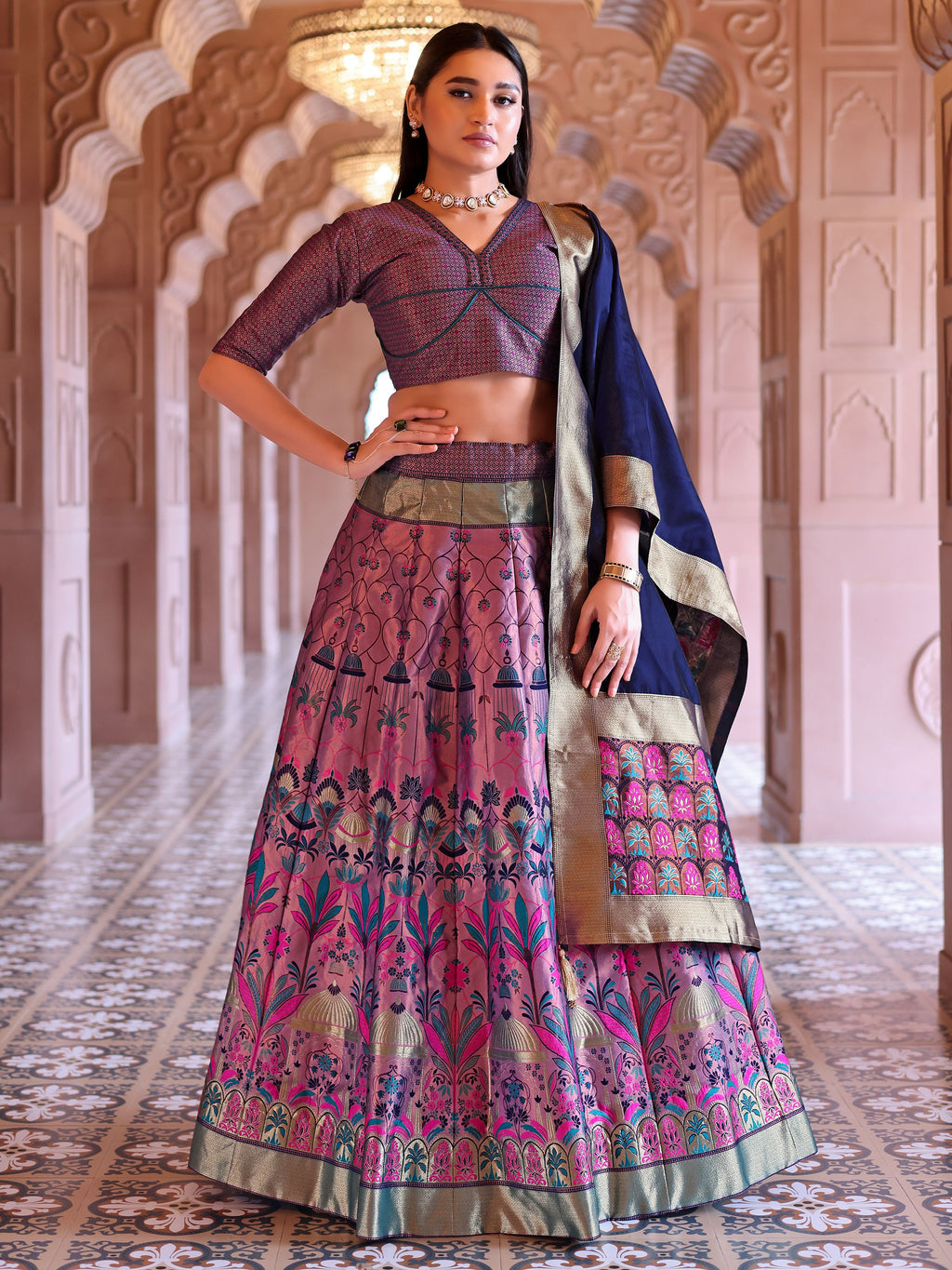 Woven With Zari Timeless Motifs Purple Lehenga Choli