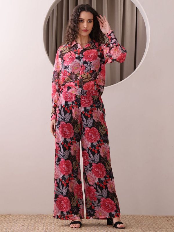 Women's Red Full Sleeve Collar Neck Shirt Top & Trousers Sets