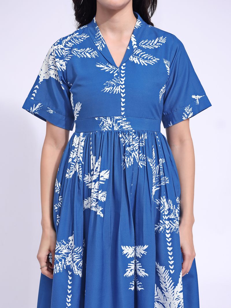 Women's Blue Fit & Flared Midi Stylish Sleeve Dress