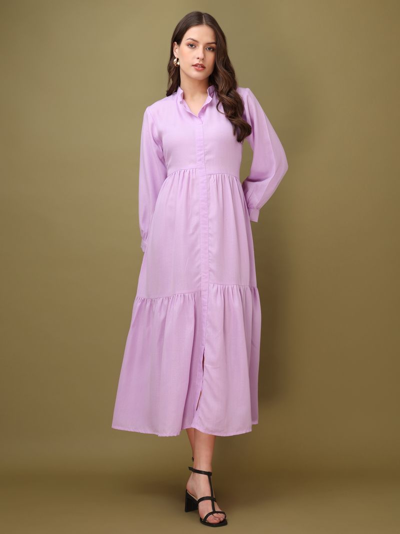 Women's Purple Solid Fit & Flare Midi Puff Sleeve Dress