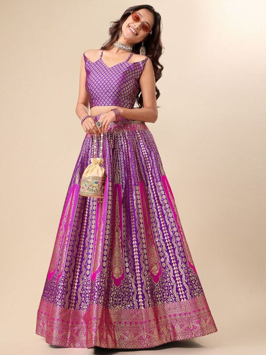 Women Embellished Flared Wine Lehenga Choli