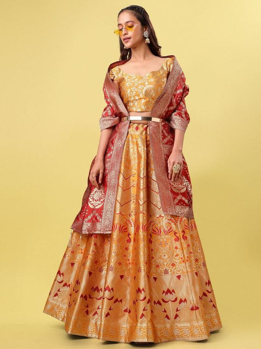 Women Yellow Jacquard Lehenga