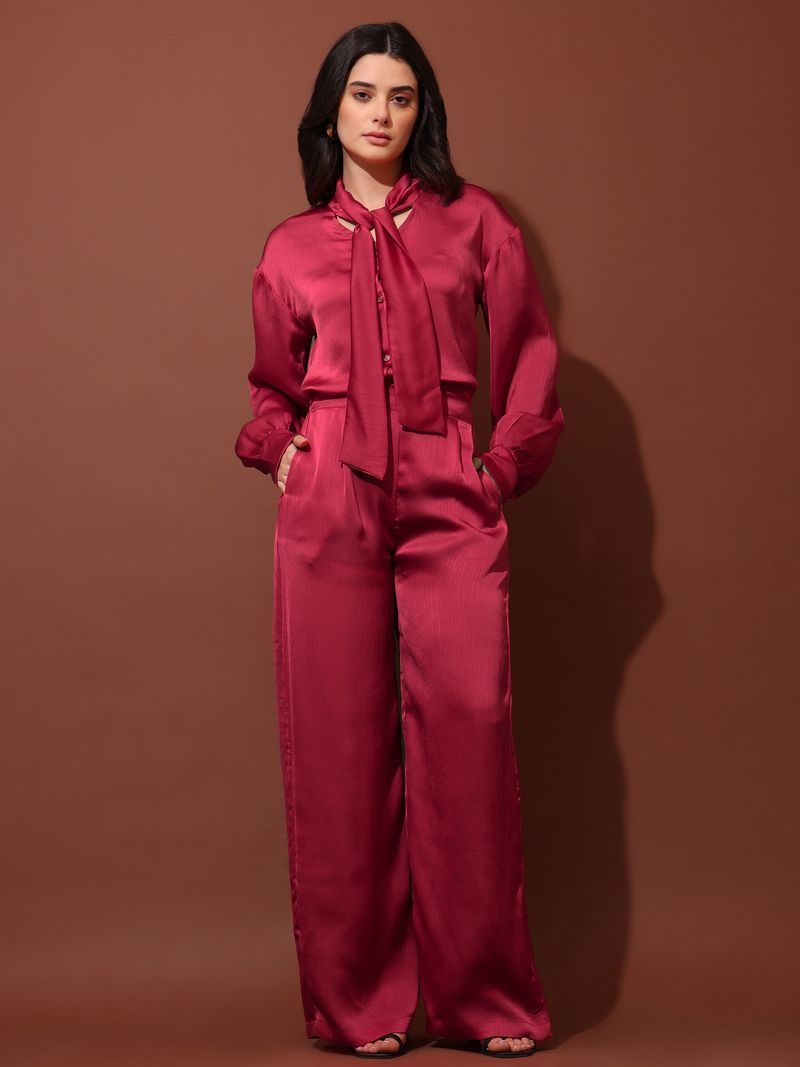 Women's Red Solid Silk Blend Tie-Up Stylized Co-Ords