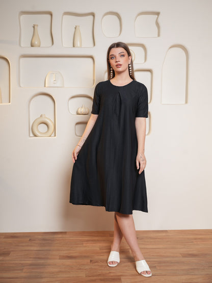 Women Flared Midi Round Neck Dress