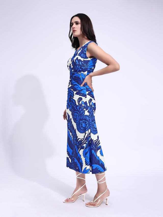 Women's Blue Printed Maxii Sleeveless Dress